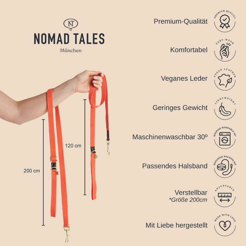 Nomad Tales dog lead made of vegan leather, length 200 cm, adjustable. Premium quality, machine washable at 30°C, lightweight, comfortable, lovingly made.