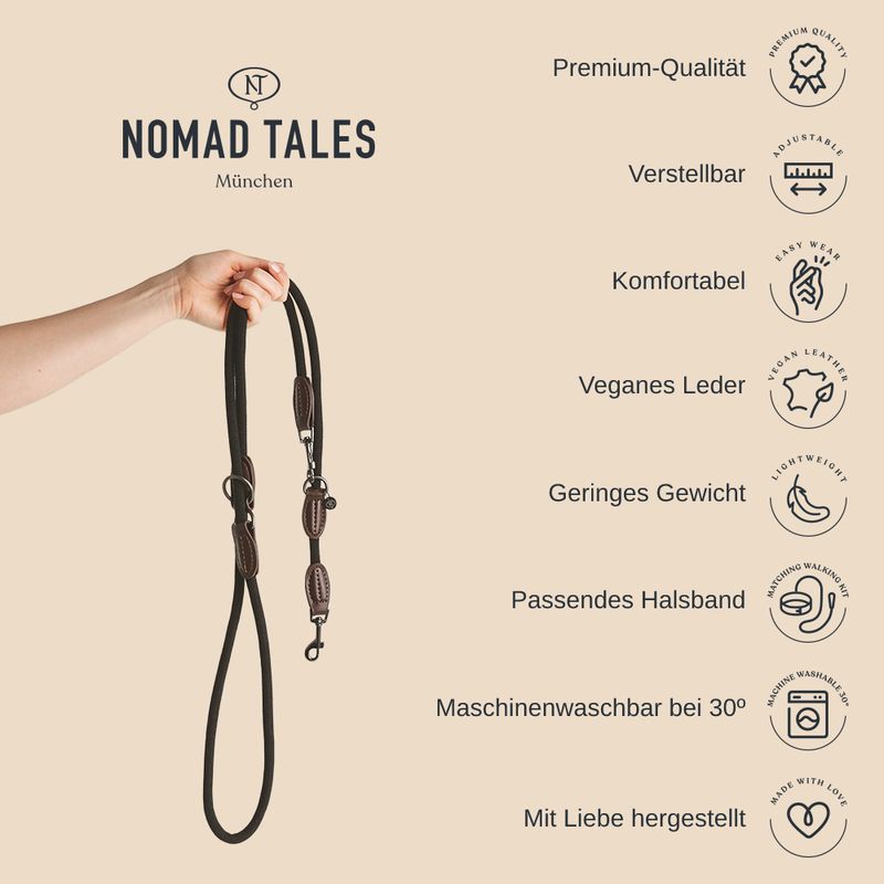 Nomad Tales München. Adjustable dog lead made from vegan leather, comfortable, lightweight, machine washable at 30°C, matches collar, premium quality, lovingly made.