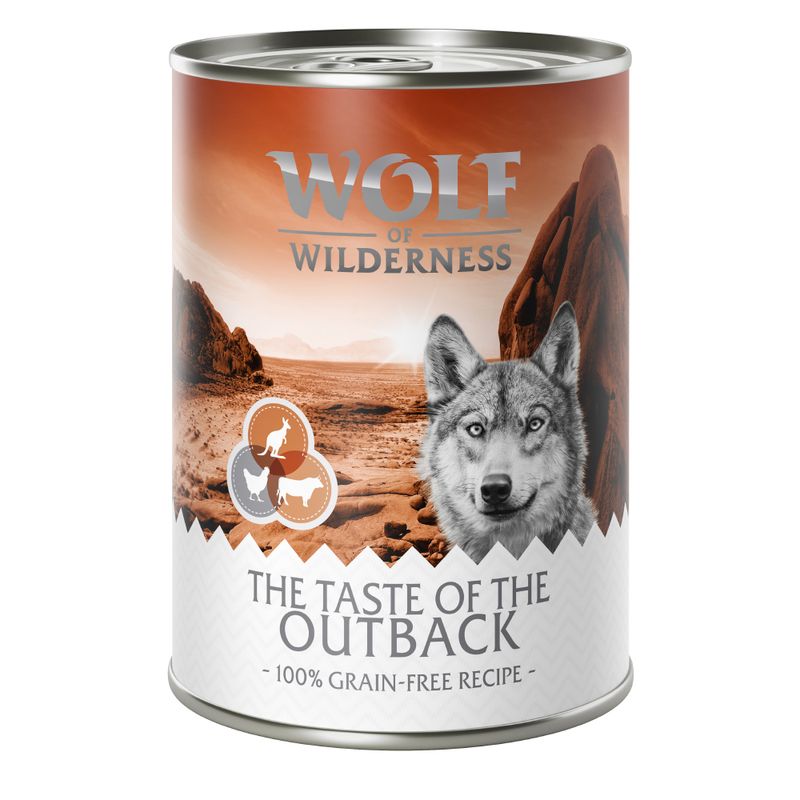 Wolf of Wilderness. The Taste of the Outback. 100% grain-free recipe. Symbol for goat, chicken and lamb.