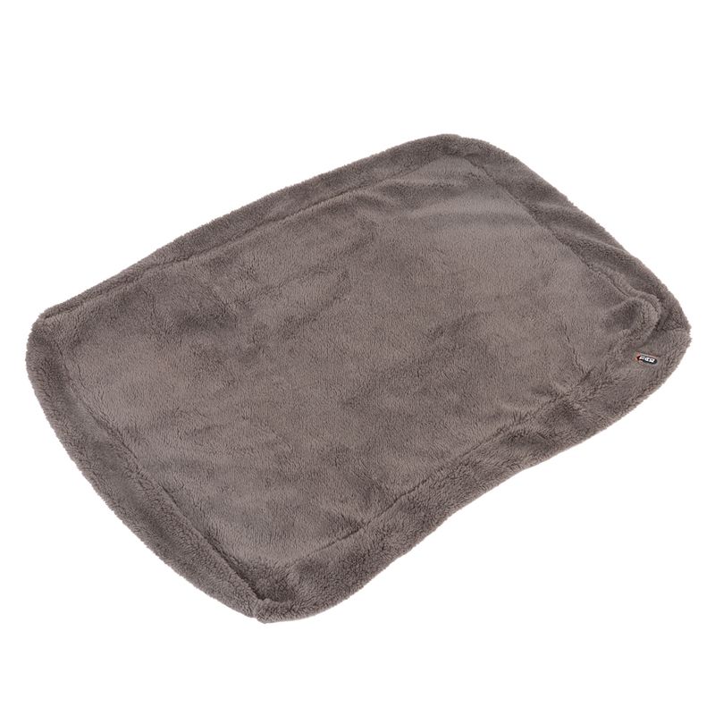 Grey rectangular plush mat with soft surface and rounded corners. Small brand label visible on the side.