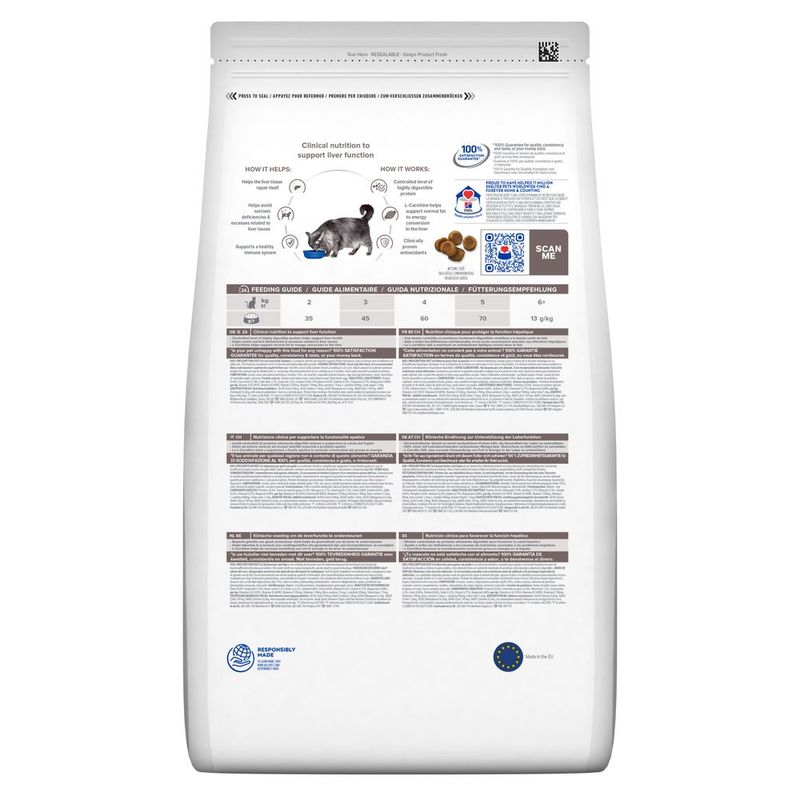 Back of pet food bag showing feeding guide table by weight, nutritional information, instructions for use, and a diagram explaining how the food supports liver function.