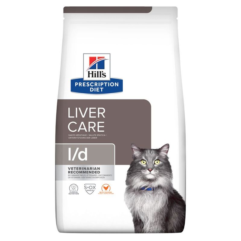Hill's Prescription Diet Liver Care l/d, veterinarian recommended, with clinical nutrition and S+OX Shield icons visible on packaging.