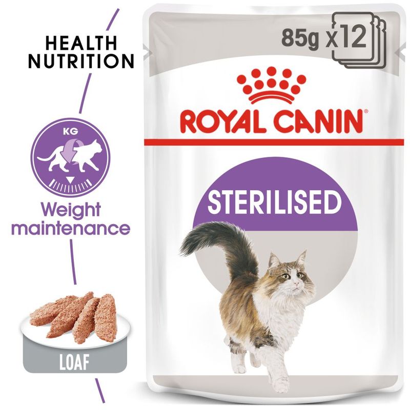 Sterilised loaf, weight maintenance, health nutrition, 85g x12. Image shows food texture and a cat illustration on the packaging.