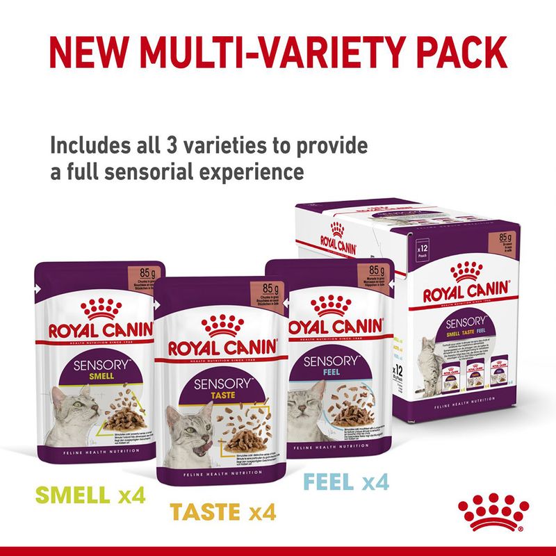 Royal Canin Sensory multi-variety pack includes 12 pouches: 4 Smell, 4 Taste, and 4 Feel, providing a full sensorial experience. Each pouch contains 85g.