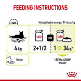 Feeding instructions: for a 4kg pet, feed either 2 and a half pouches daily or 1 pouch plus 34g dry food. Ensure fresh water is available. Metabolisable energy: 914 kcal/kg.