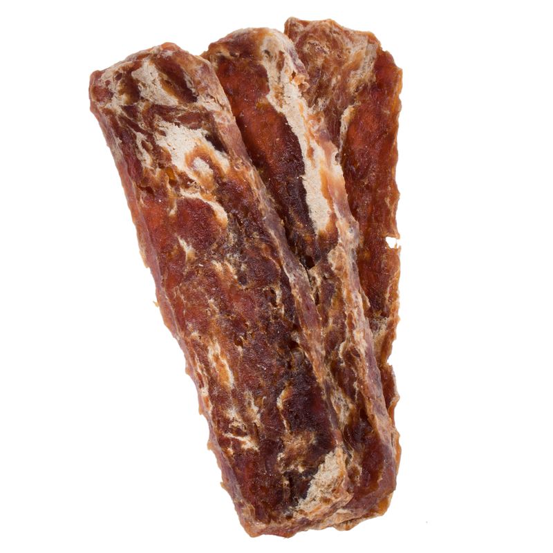 Dried meat strips, brown with whitish spots, suitable as a snack or reward for pets.