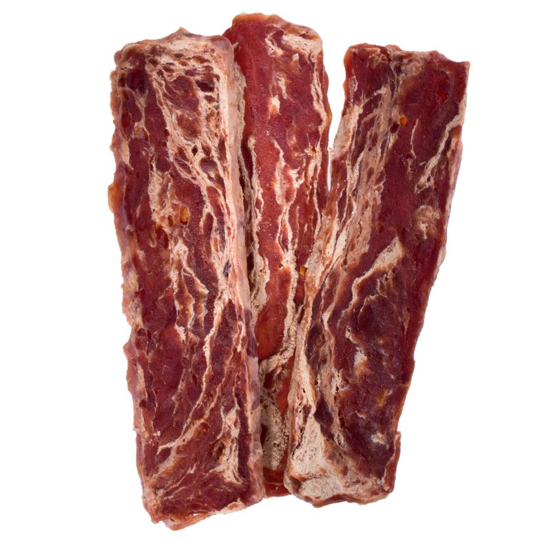Three pieces of dried meat with reddish-brown colour and visible grain, suitable as a snack or reward for pets.