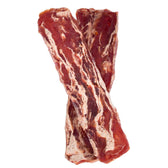 Two dried meat strips, reddish-brown with light marbling, visible as a snack or chew.