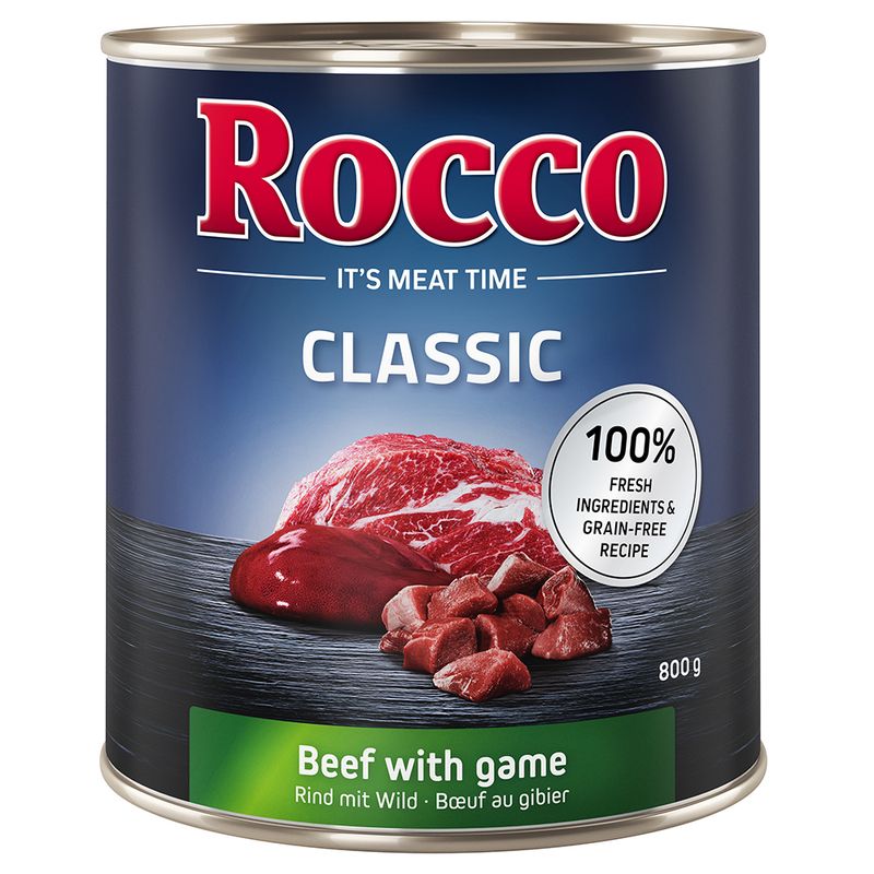 Rocco Classic beef with game, 800g can. 100% fresh ingredients and grain-free recipe.