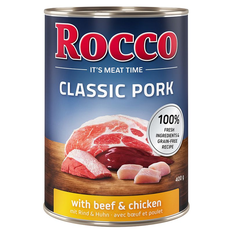 Rocco Classic Pork dog food, 400g can, with beef and chicken, 100% fresh ingredients, grain-free recipe.