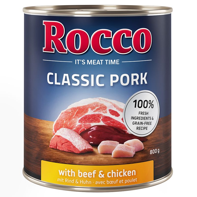 Rocco Classic Pork with beef and chicken, 800g can. 100% fresh ingredients and grain-free recipe.