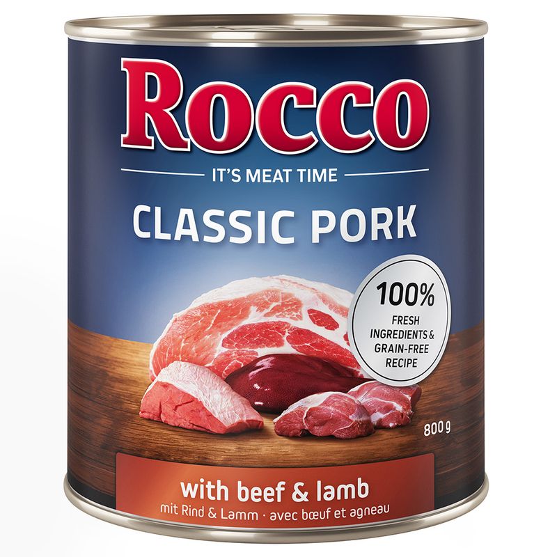 Rocco Classic Pork, 800g can. With beef and lamb, 100% fresh ingredients, grain-free recipe.