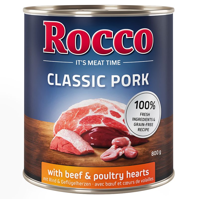 Rocco Classic Pork, 800g can. With beef and poultry hearts, 100% fresh ingredients, grain-free recipe.