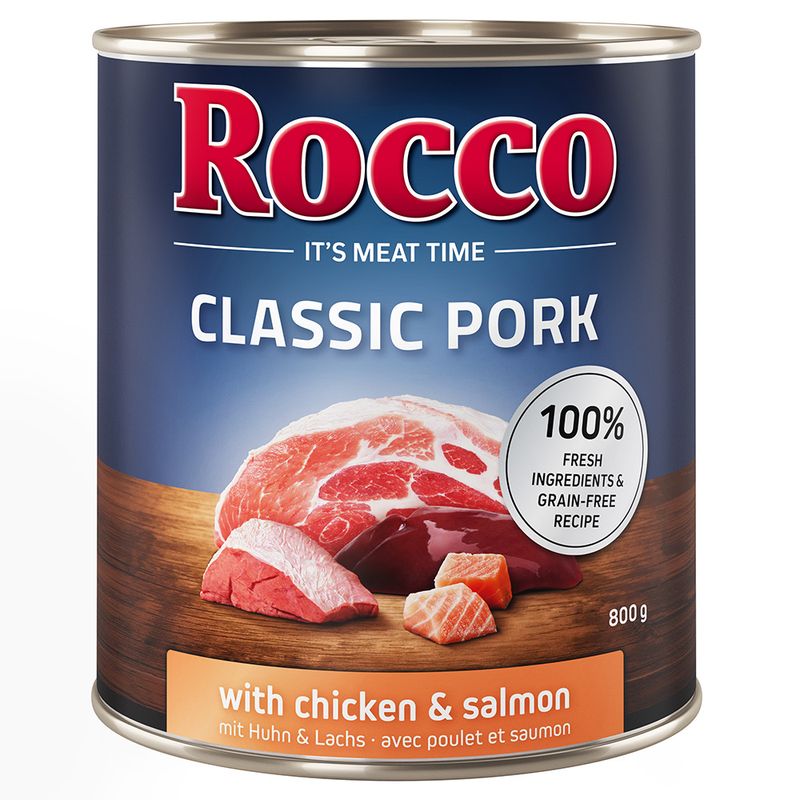 Rocco Classic Pork, 800g can. With chicken and salmon. 100% fresh ingredients, grain-free recipe.