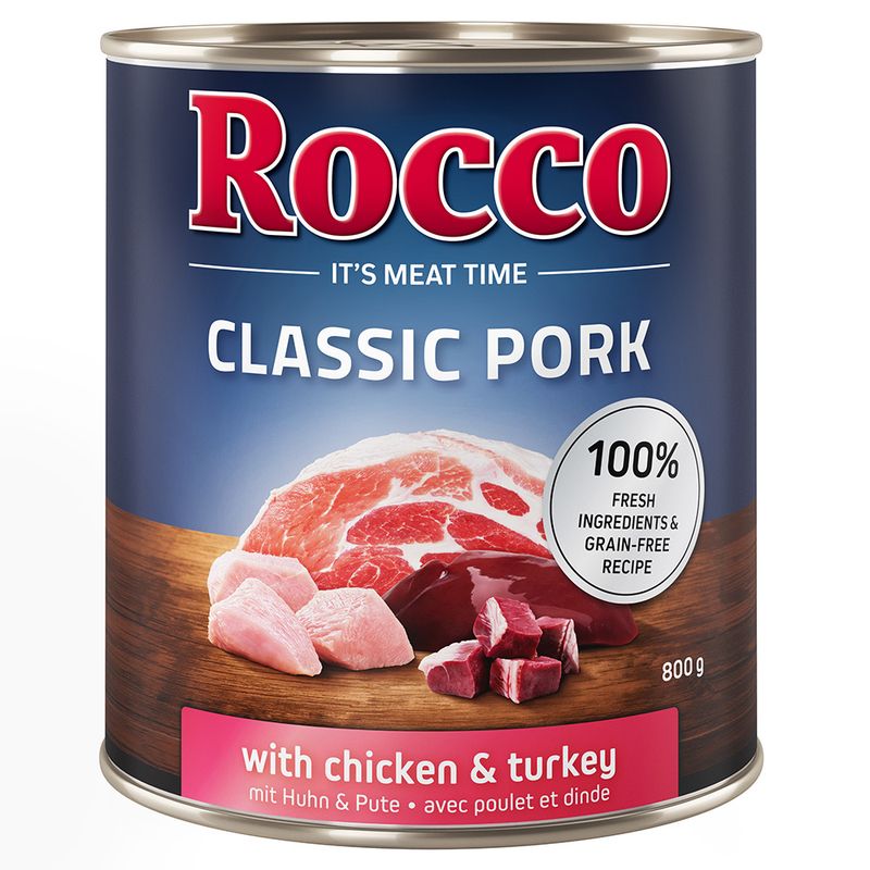 Rocco Classic Pork with chicken and turkey, 800g can. 100% fresh ingredients, grain-free recipe.