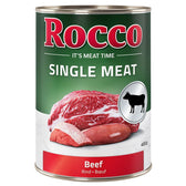 Rocco Single Meat beef, 400g can. It's Meat Time. Image of raw beef and cow symbol.
