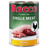 Rocco Single Meat Chicken, 400g can. Visible ingredients: chicken meat, offal. Text: It's Meat Time, Chicken - Huhn - Poulet.