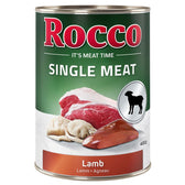 Rocco Single Meat Lamb, 400g can. Visible ingredients: meat pieces and offal. Text: It's Meat Time, Lamb in German, English and French.