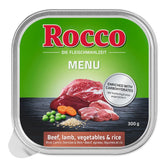 Rocco Menü, the meat meal, 300g. With beef, lamb, vegetables and rice. Enriched with carbohydrates.
