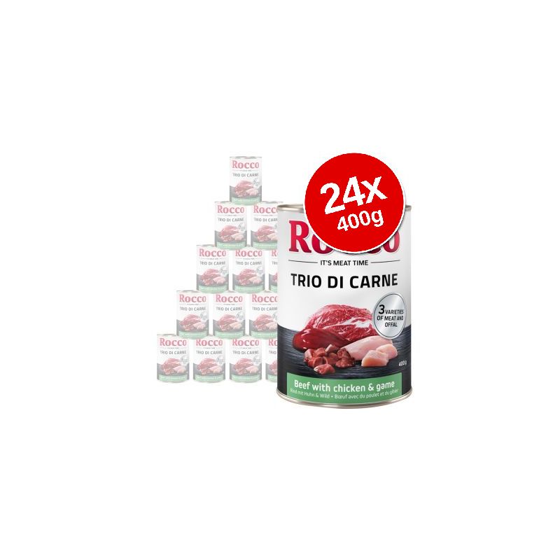 Rocco Trio di Carne wet dog food, 24 x 400g cans. Label shows beef with chicken & game, 3 varieties of meat and offal. Large red badge: 24x 400g.