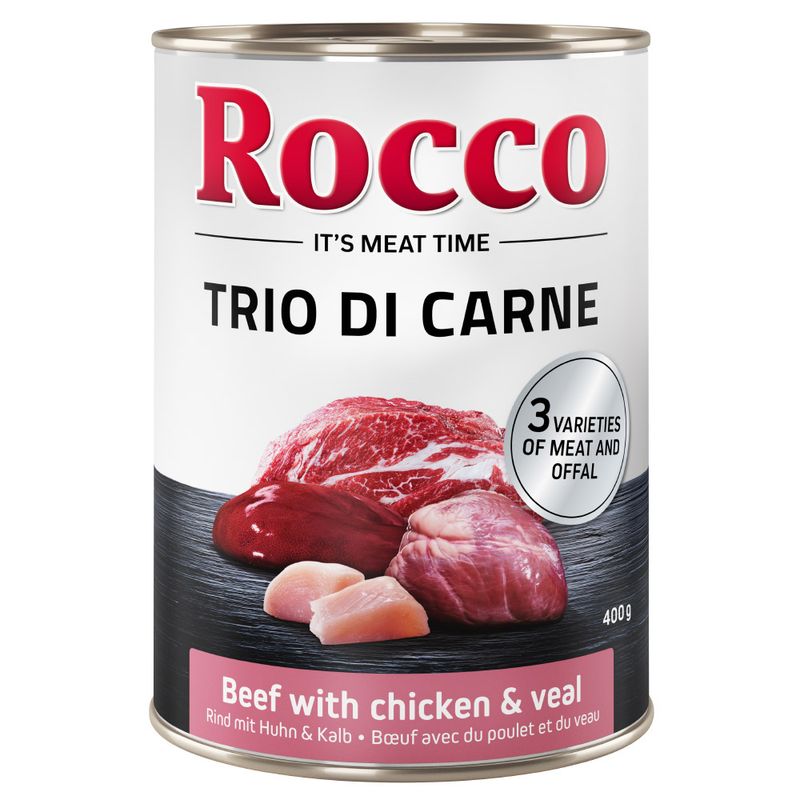 Rocco Trio di Carne, 400g can. Beef with chicken and veal. Three types of meat and offal.
