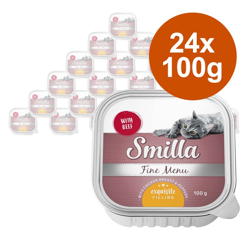 Smilla Fine Menu cat food, with beef, 24 x 100g trays. Visible text: 'WITH BEEF', 'exquisite filling', 'with chicken breast & peppers'. Image shows a grey cat on the packaging.