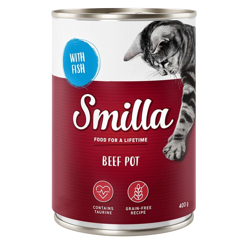 Smilla Beef Pot cat food with fish, contains taurine, grain-free recipe, 400 g can.