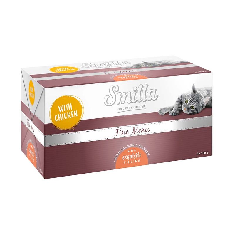 Smilla Fine Menu cat food with chicken, exquisite filling with salmon and spinach, pack size 8x100g.