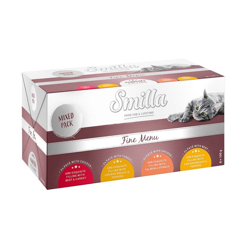 Smilla Fine Menu mixed pack, cat food with various flavours: chicken, turkey, beef, salmon & spinach. Packaging shows a cat and portion size 8x100g.