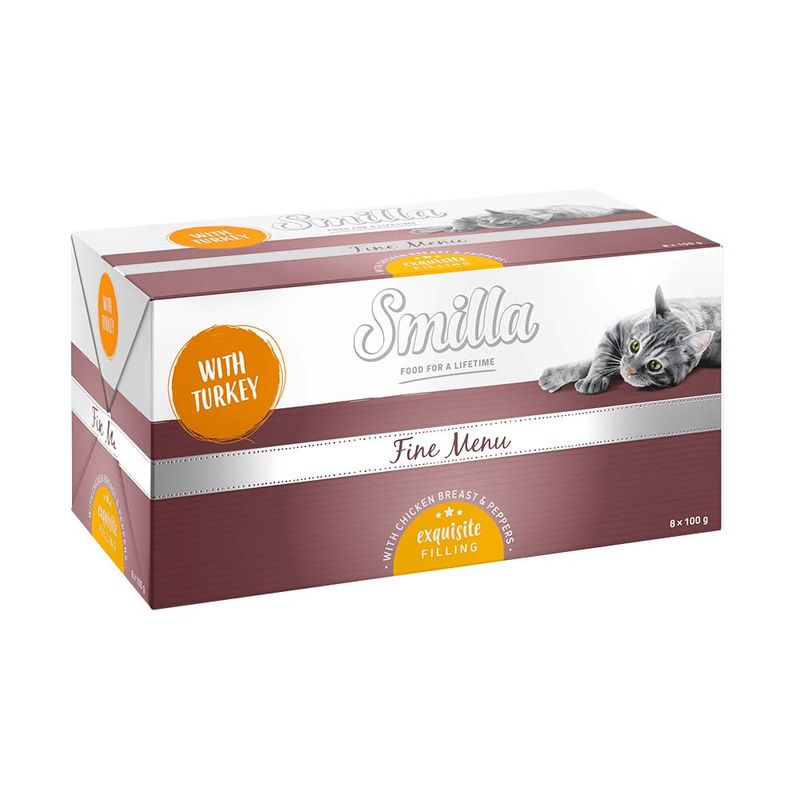 Smilla Fine Menu with turkey, exquisite filling with chicken breast and bell pepper. Packaging contains 8 x 100 g pouches.