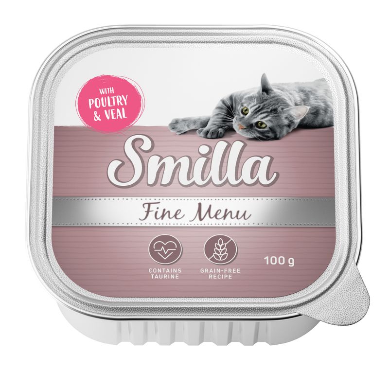 Smilla Fine Menu with poultry and veal, contains taurine, grain-free recipe, 100 g. Packaging shows a grey cat.
