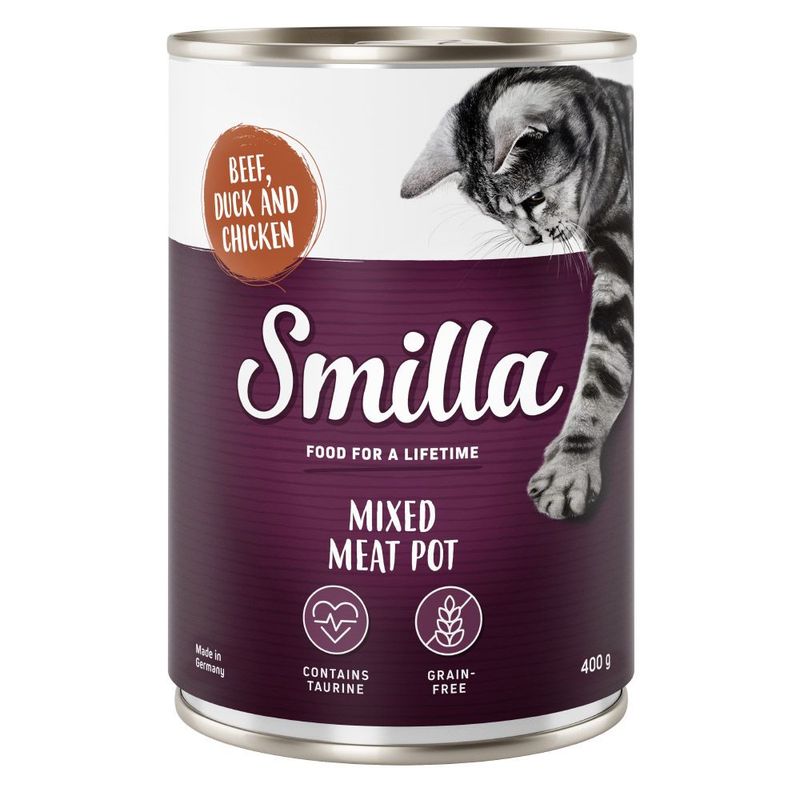 Smilla Mixed Meat Pot, beef, duck and chicken. Contains taurine, grain-free, 400g. Made in Germany.