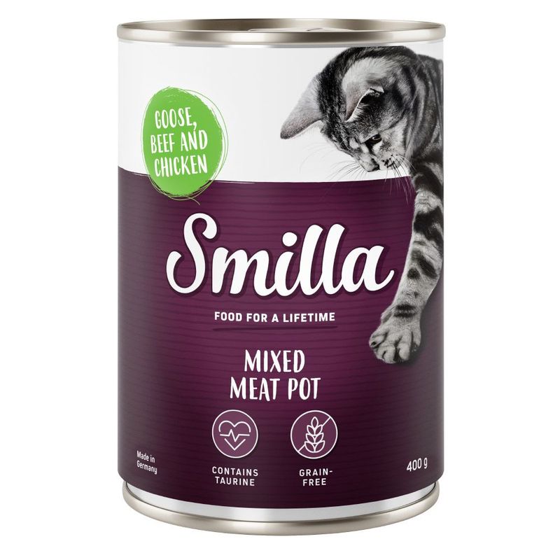 Smilla Mixed Meat Pot, 400g. Flavour: goose, beef and chicken. Contains taurine, grain-free. Made in Germany.