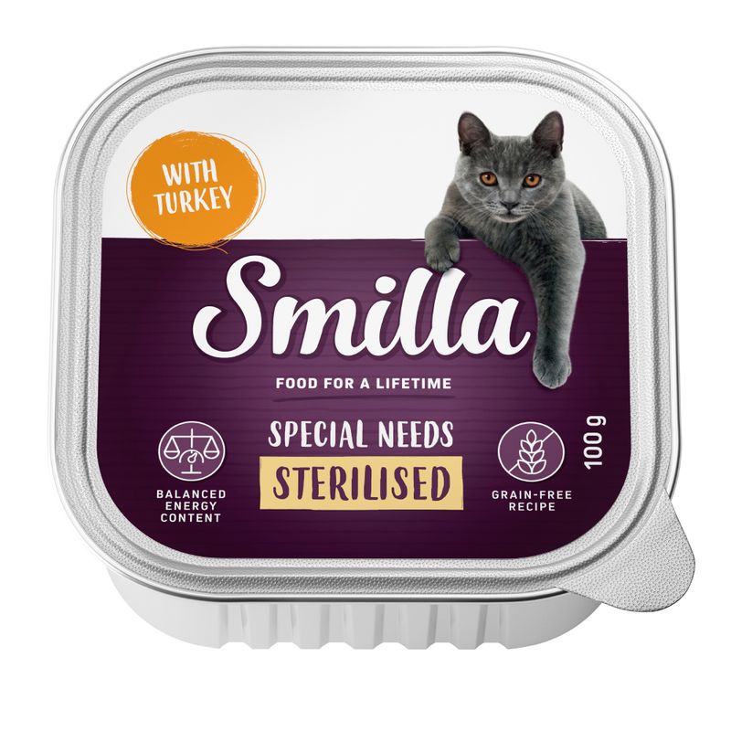 Smilla Special Needs Sterilised cat food with turkey, 100g. Grain-free recipe and balanced energy content. For sterilised needs.