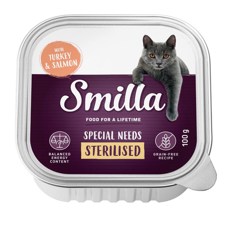 Smilla wet food for sterilised cats, with turkey and salmon, 100g, grain-free recipe, balanced energy content.