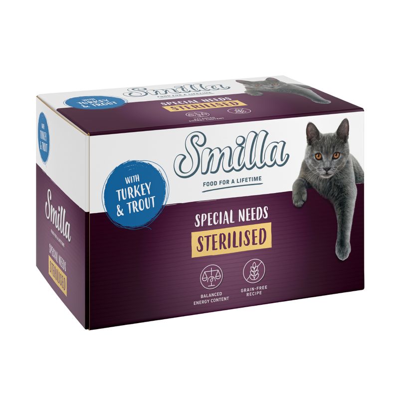 Smilla Special Needs Sterilised cat food with turkey and trout. Balanced energy content, grain-free recipe. Packaging shows a grey cat.