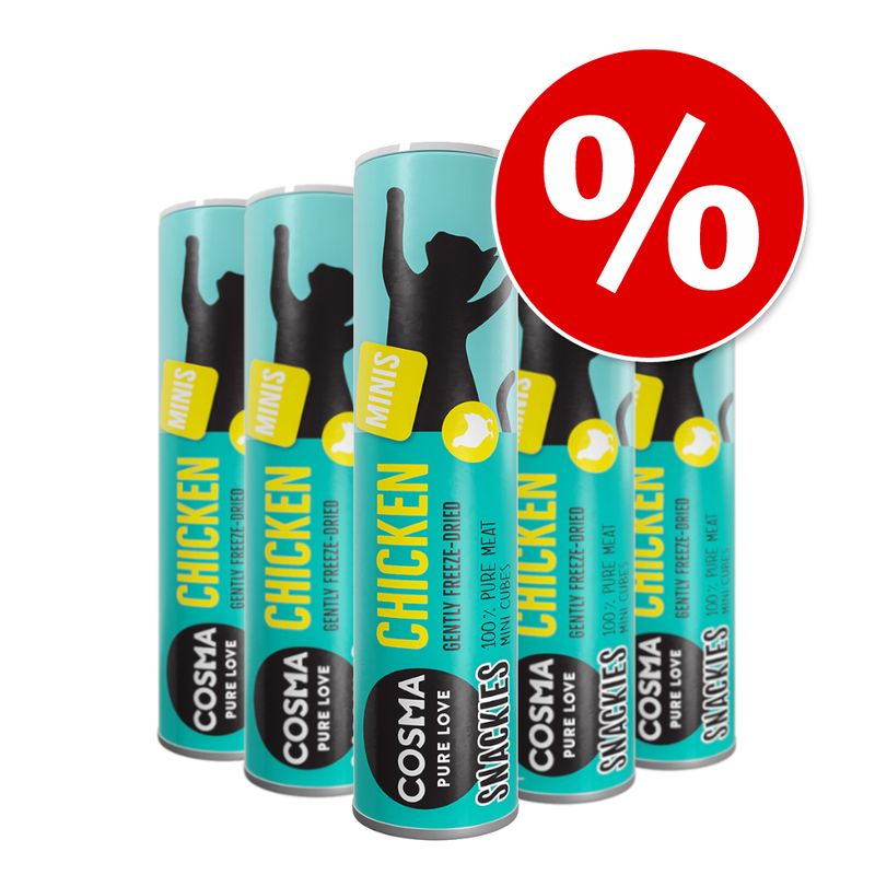 Multiple tubes labelled 'MINIS', 'CHICKEN', 'gently freeze-dried', and '100% pure meat' with a red percentage discount symbol, indicating a promotional offer on the product.