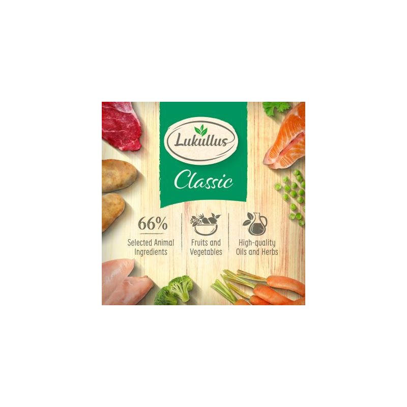 Lukullus Classic: 66% selected animal ingredients, fruits and vegetables, high-quality oils and herbs. Image shows meat, fish, potatoes, broccoli, peas, carrots and herbs.