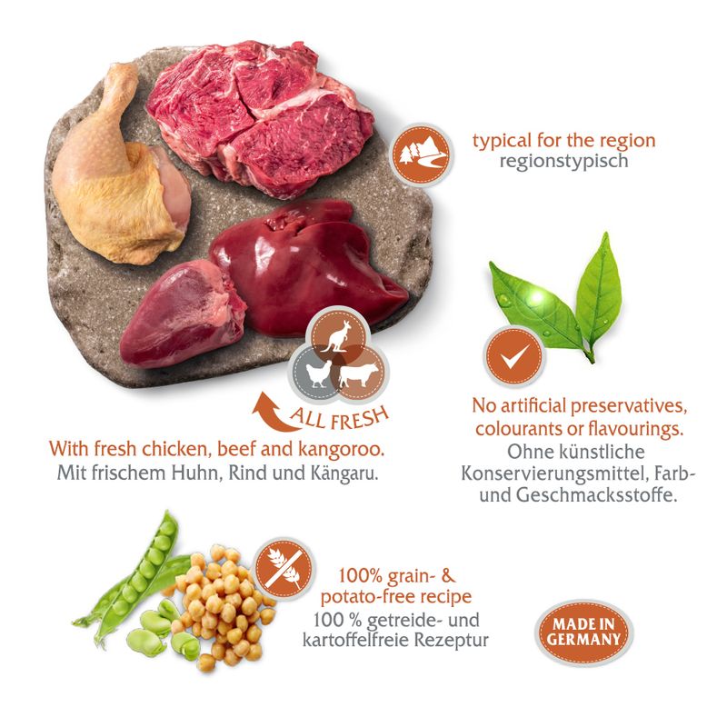 With fresh chicken, beef and kangaroo. Free from artificial preservatives, colourings and flavourings. 100% grain and potato free recipe. Made in Germany.