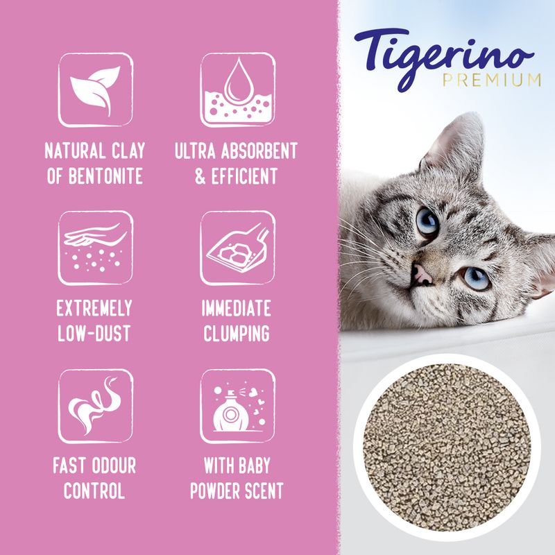 Product features: natural clay of bentonite, ultra absorbent and efficient, extremely low-dust, immediate clumping, fast odour control, with baby powder scent.