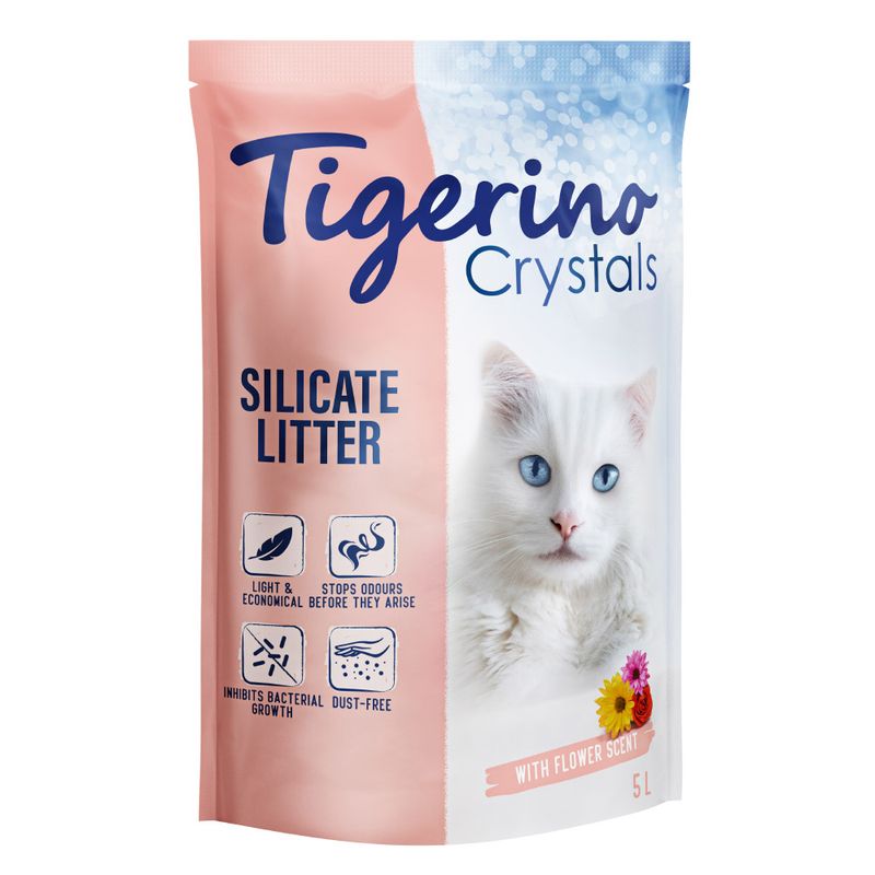 Tigerino Crystals silicate litter, dust-free, inhibits bacterial growth, lightweight and economical, prevents odours, with floral scent, 5L pack.