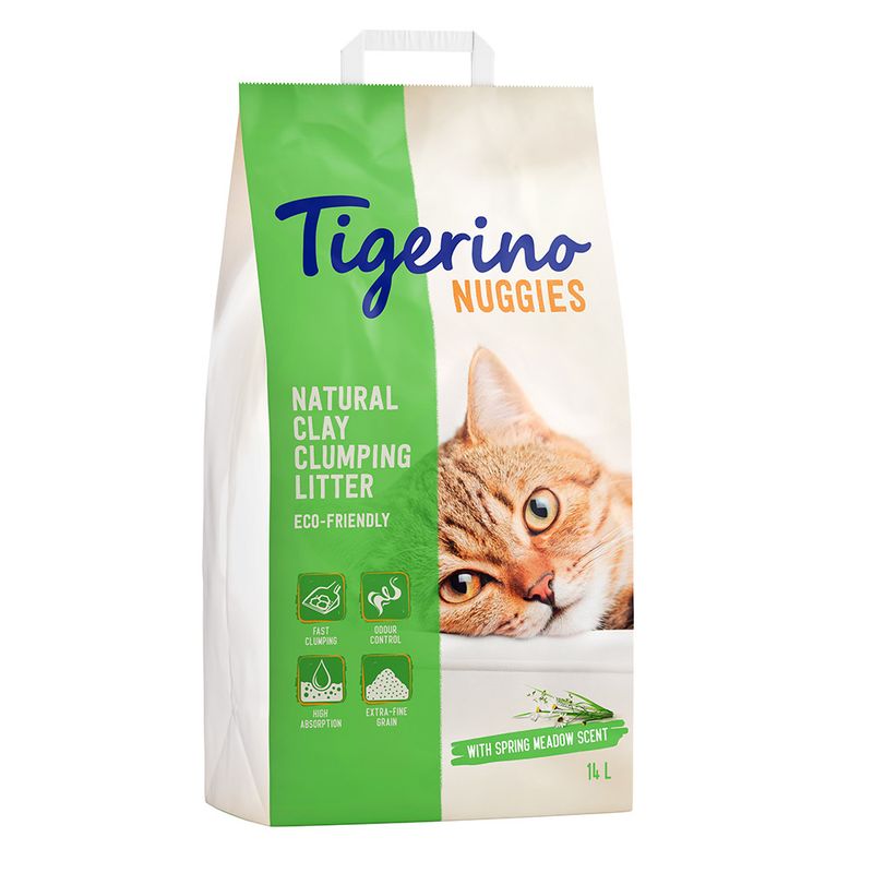 Tigerino Nuggies Natural Clay Clumping Litter, eco-friendly, with spring meadow scent, fast clumping, odour control, high absorption, extra-fine granules, 14L.