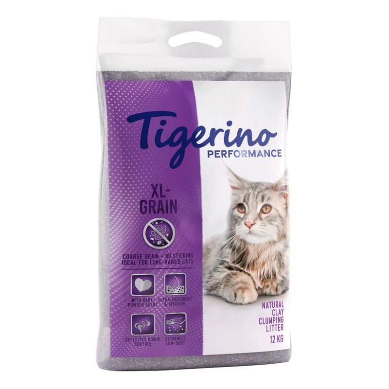 Tigerino Performance XL-Grain cat litter, natural clay clumping litter, 12 kg. Coarse-grained, ideal for long-haired cats, odour-binding, extremely low dust, with baby powder scent.