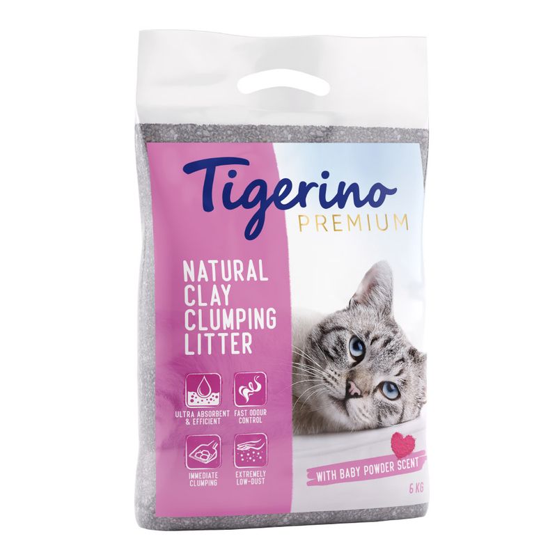 Tigerino Premium Natural Clay Clumping Litter with baby powder scent, ultra absorbent, fast odour control, instant clumping, extremely low dust, 6 kg pack.