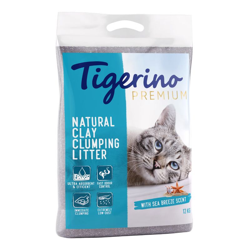 Tigerino Premium Natural Clay Clumping Litter with sea breeze scent, ultra absorbent, fast odour control, instant clumping, extremely low dust. Packaging shows a cat. Content: 12 kg.
