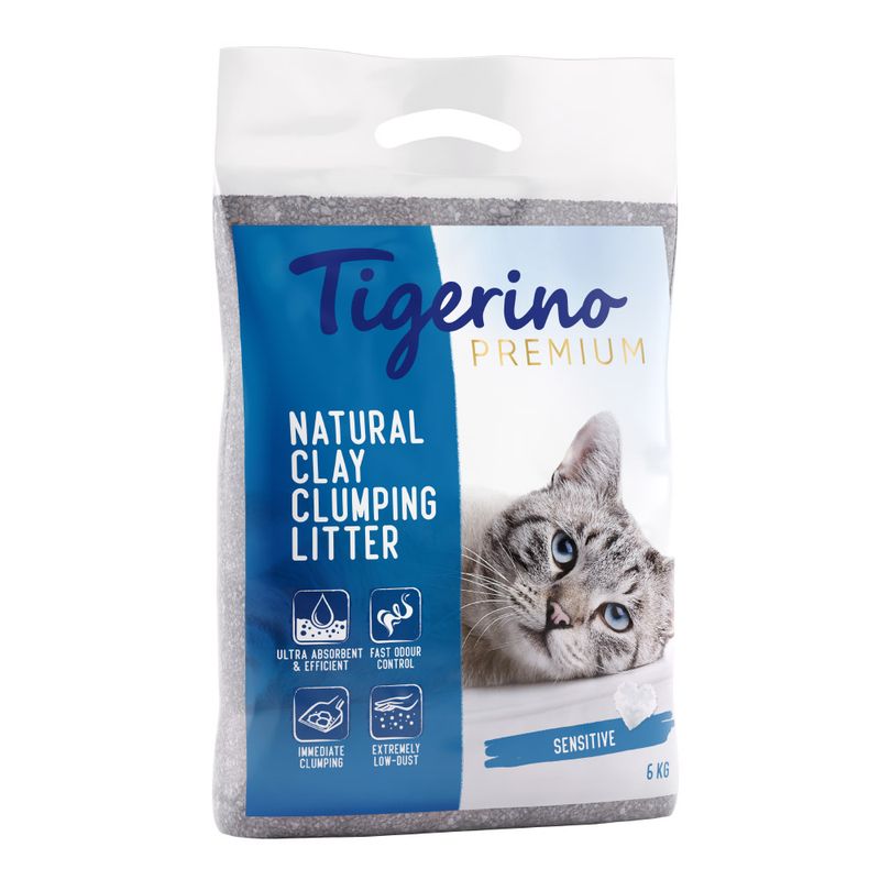 Tigerino Premium Natural Clay Clumping Litter, ultra absorbent, fast odour control, instantly clumping, extremely low dust, Sensitive, 6 kg.