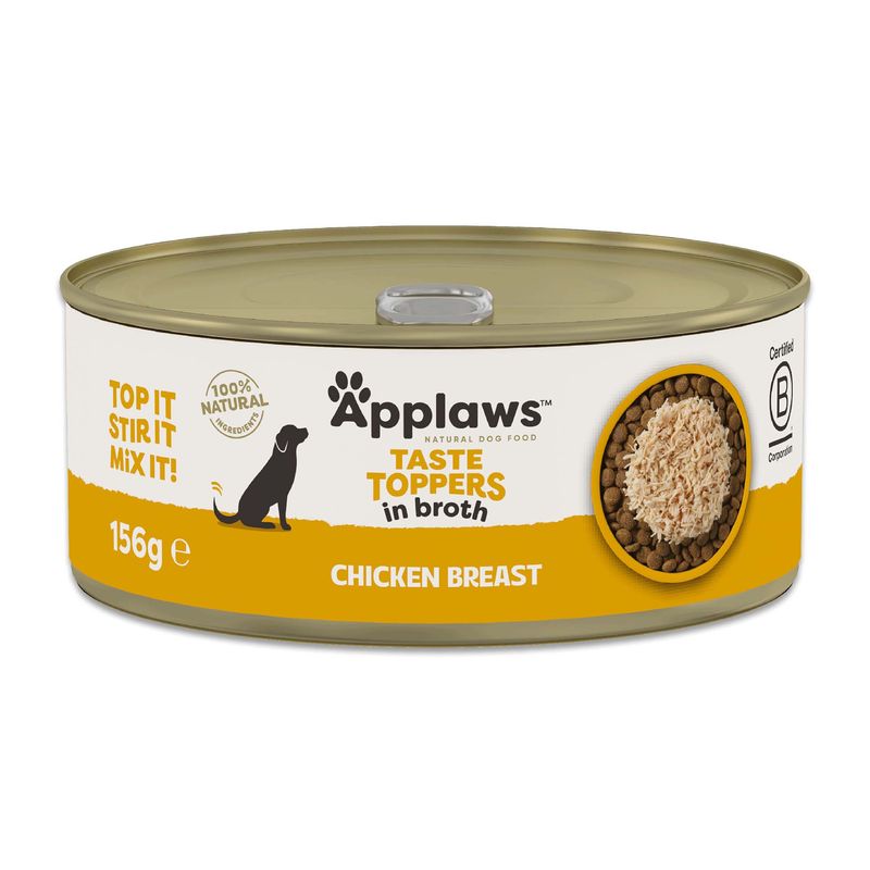 Applaws Taste Toppers in broth, Chicken Breast, 156g. 100% natural ingredients. Top it, stir it, mix it! Certified B Corporation.