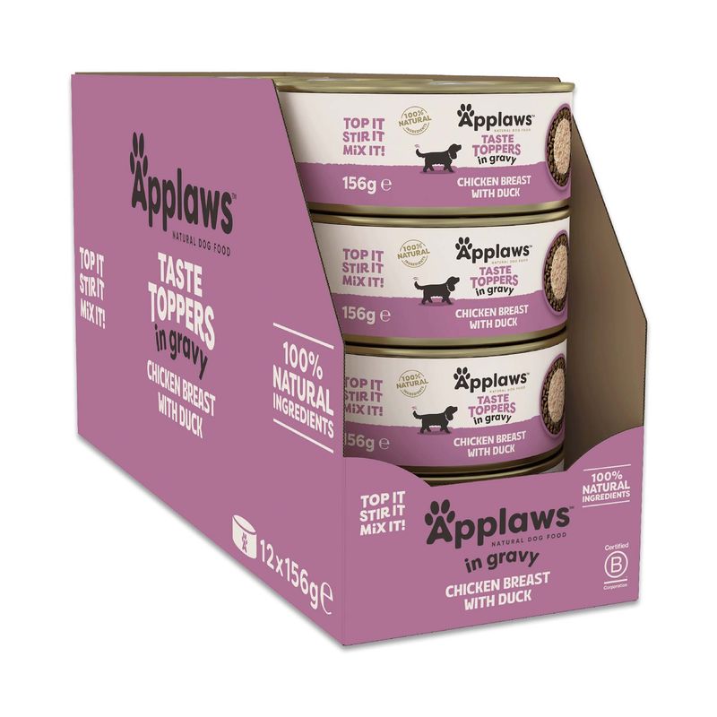 Applaws Taste Toppers in Gravy, Chicken Breast with Duck, 100% Natural Ingredients, 12 x 156g cans, certified B Corp.