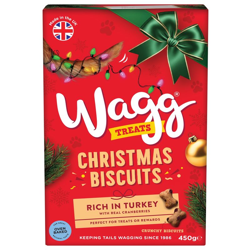 Wagg Treats Christmas Biscuits, rich in turkey with real cranberries, perfect as a reward, crunchy biscuits, 450g, Made in the UK.
