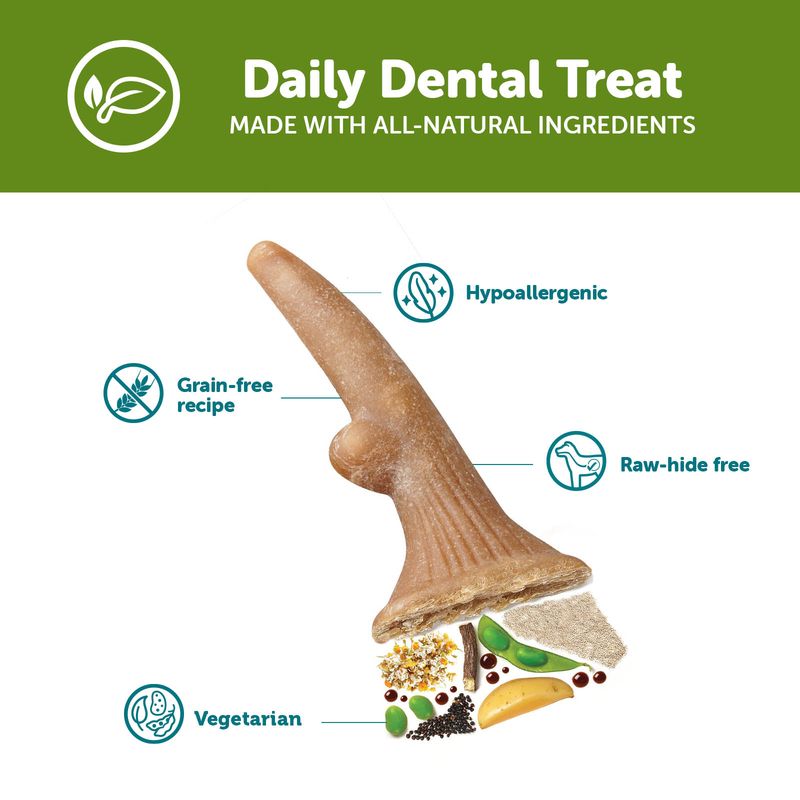 Daily dental treat made with all-natural ingredients. Features: grain-free recipe, hypoallergenic, raw-hide free, vegetarian.